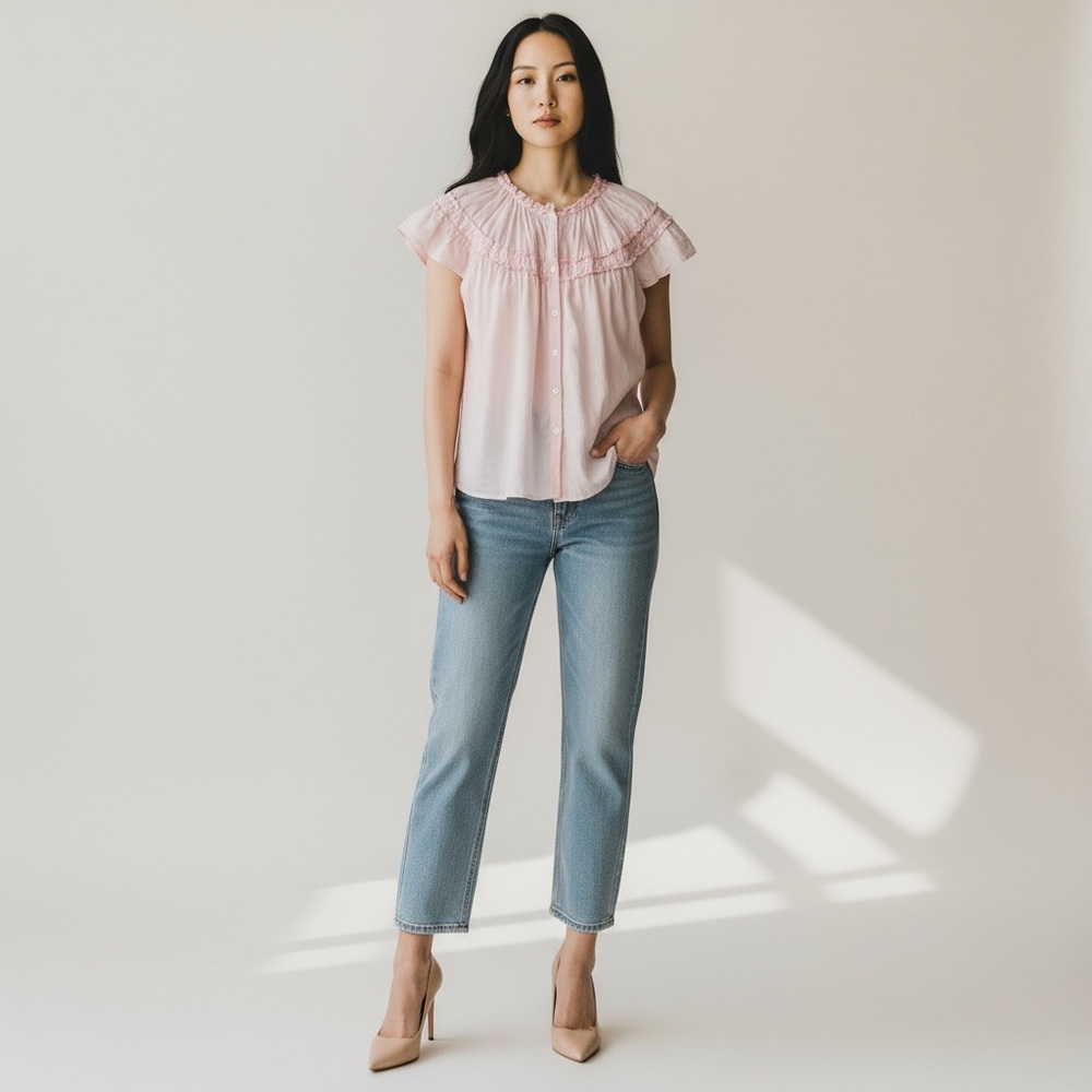 Madison Mathews Size M Cotton Flutter Sleeve Pink Smocked Boxy Button Up Blouse‎